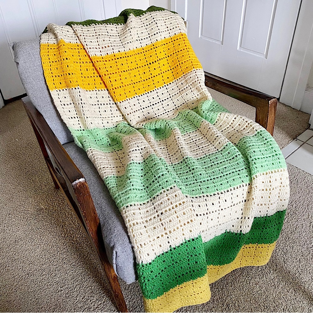 70s Vintage Striped Crochet Afghan Blanket